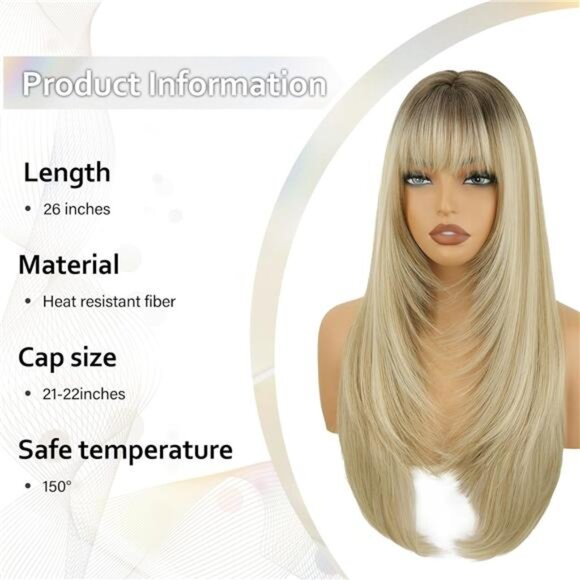 Ombre Blond Long Straight Layered Wig with Bangs for Women - Picture 2 of 5